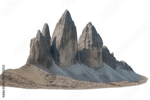 Jagged mountain peaks with rocky slopes and snow isolated on white background