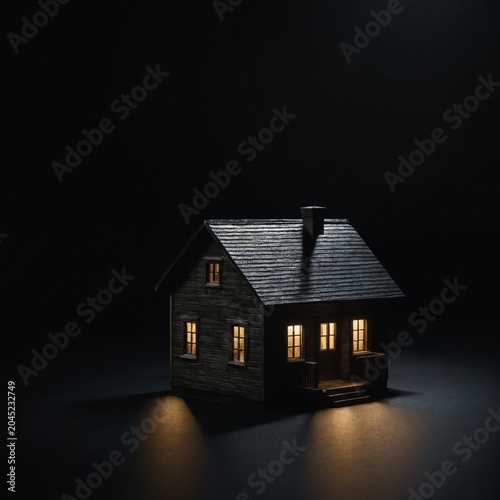 Small House Isolated Under Spotlight In Dark Environment