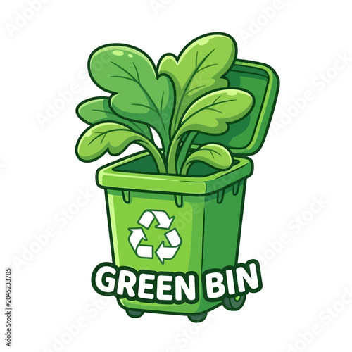 Green recycling bin with healthy plant symbolizing eco friendly waste management and sustainability in modern office environment