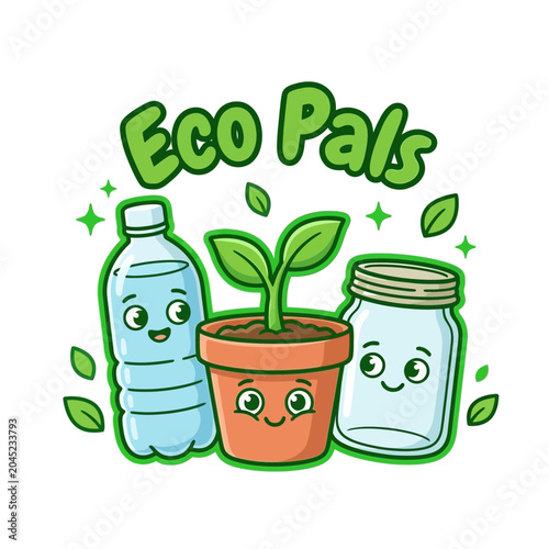 Eco friendly recycling characters with smiling plant pot and bottle celebrating sustainability and green living
