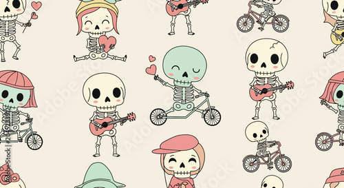 Fotografie Cute Cartoon Skeletons Engaging in Various Activities.