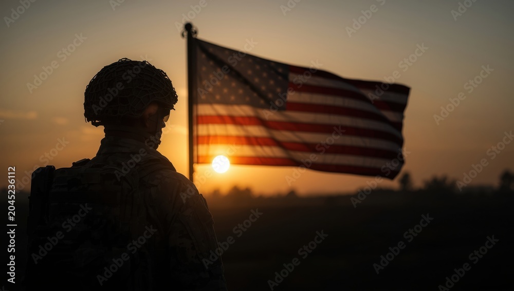 Fototapeta premium Soldier silhouette stands before a waving american flag at sunset, symbolizing patriotism and service