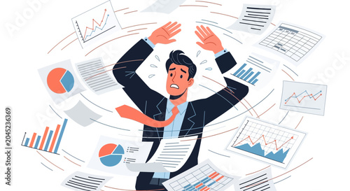 Stressed Businessman Overwhelmed by Paperwork Vector Illustration