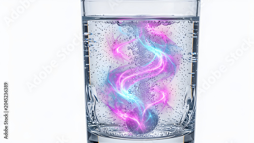 Macro realistic photo of an effervescent tablet dissolving into a radiant underwater nebula of healing light.