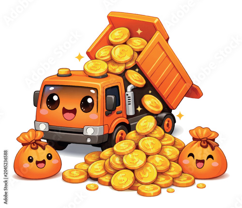 Cute dump truck with gold coins vector