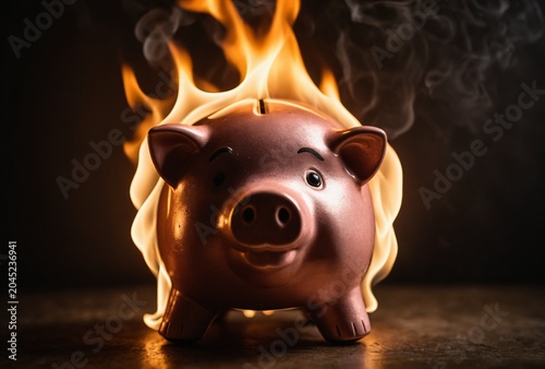 Burning Piggy Bank Concept With Flames