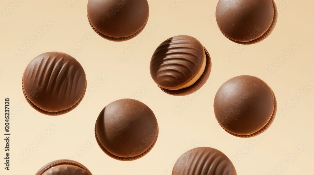 Fototapeta premium Chocolate peanut butter cups fly through air against plain background. Delicious sweet candies, confectionery treats, nutty filling, cocoa coating. Tasty snack, baked goods for dessert.