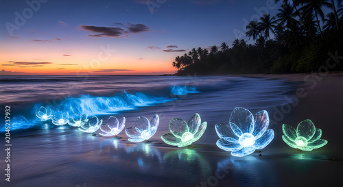 Glowing bioluminescent flowers on tropical beach at sunset with bioluminescent waves