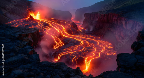 Volcanic Eruption with Glowing Lava Flowing down Mountain Valley at Night