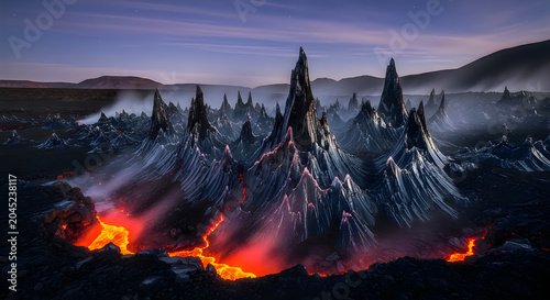 Volcanic Landscape with Glowing Lava Flows and Sharp Obsidian Peaks at Twilight