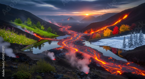 Volcanic Lava Flowing through Four Seasons Landscape at Sunset