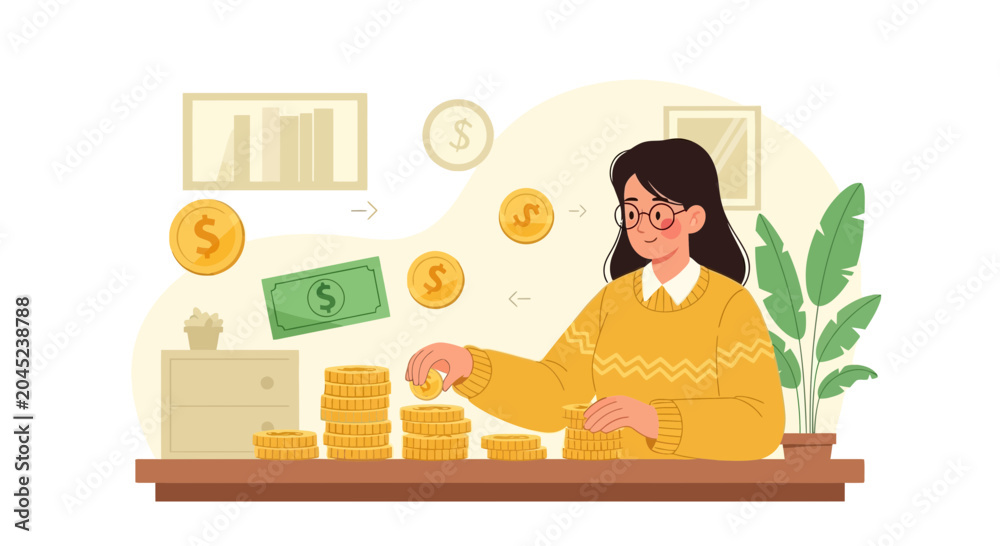 Fototapeta premium Woman stacking coins and banknotes, financial planning and savings concept