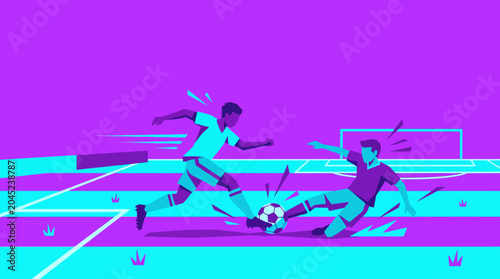 Soccer player performing sliding tackle to steal ball from opponent on football field, flat vector illustration