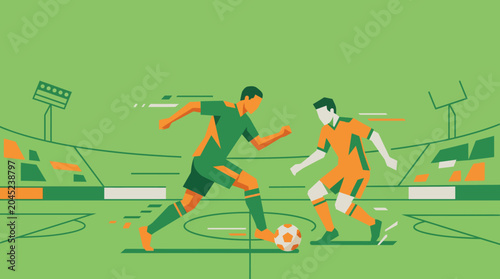 Soccer player dribbling ball past opponent defender on football field inside stadium, flat vector illustration
