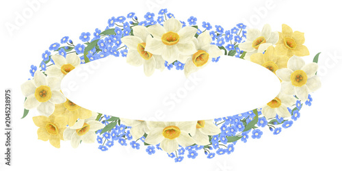 Cuadro en lienzo A frame of a floral arrangement of blue forget-me-nots and daffodils, a digital handmade illustration on a white background