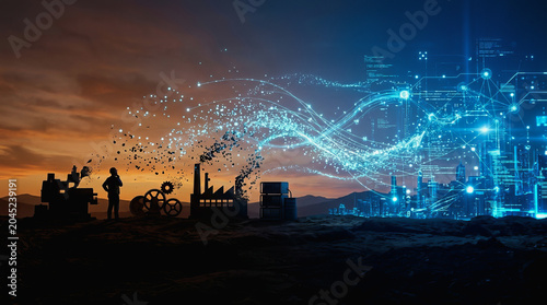 Silhouettes of industrial workers and machinery transform into digital blue data streams against a sunset sky