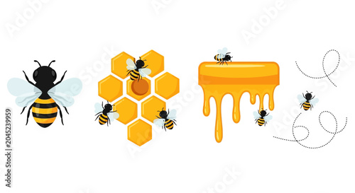 Canvas-taulu Collection of bee and honeycomb illustrations featuring buzzing bees and drippin