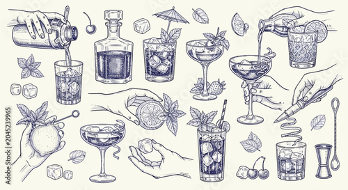 Obraz na plátne Hand-drawn vintage cocktail making set, including various alcoholic drinks, prep