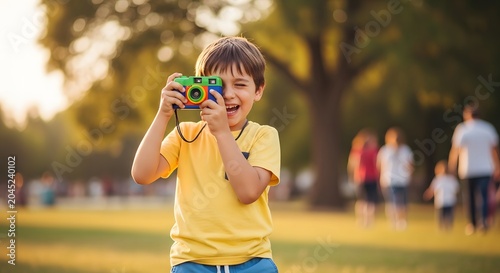 Celebrating world photography day with a young photographer in a park