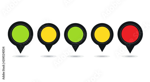 Foto Five location pointers showing a progress indicator with green, yellow, and red
