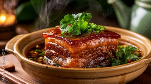 Macro food photograph of succulent Dongpo pork with rich sauce and beautifully layered meat.