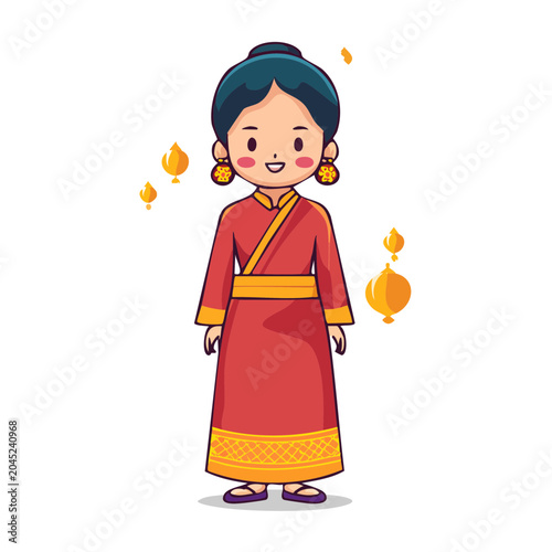 Chibi woman in traditional red and yellow dress with lanterns