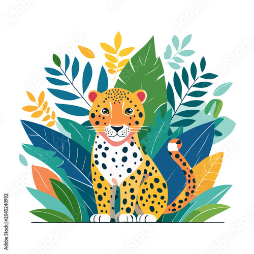 Cute cheetah cub illustration with jungle leaves