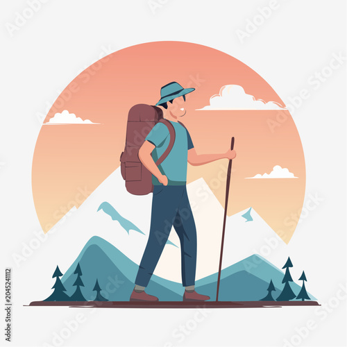 Hiker with Backpack and Trekking Pole in Mountains