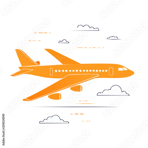 Orange airplane flying in the sky with clouds