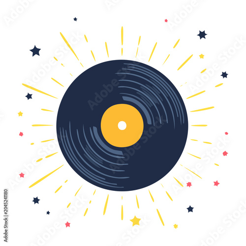 Retro vinyl record with starburst and stars