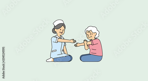 Nurse helping elderly woman with physical therapy exercise, seated on floor