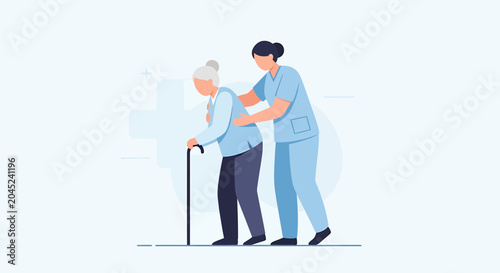 Nurse helping elderly woman with cane walk, healthcare support, medical assistance, senior care