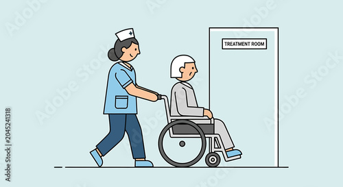 Nurse pushing elderly patient in wheelchair towards treatment room door in clinic