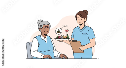 Nurse serving healthy food to elderly woman, nutrition advice, senior care, balanced diet