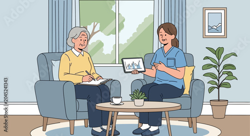 Nurse showing health data on tablet to elderly woman at home, caregiving concept