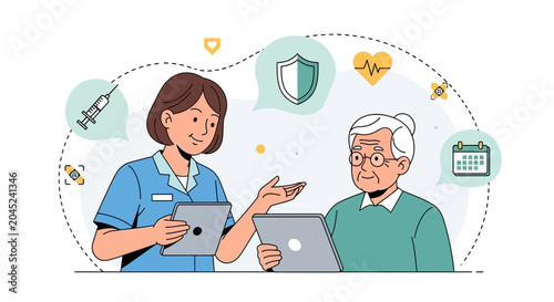 Nurse showing medical data on tablet to elderly patient, healthcare concept