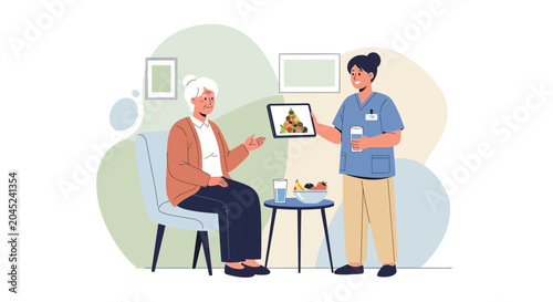 Nurse showing healthy food options on tablet to elderly woman at home