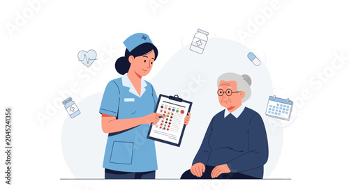 Nurse showing medication schedule to elderly woman, healthcare concept