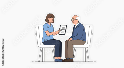 Nurse showing tablet to elderly man, healthcare consultation, doctor visit, medical checkup