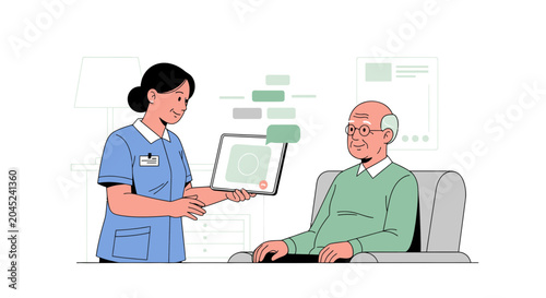 Nurse showing tablet to elderly man in armchair, healthcare technology concept