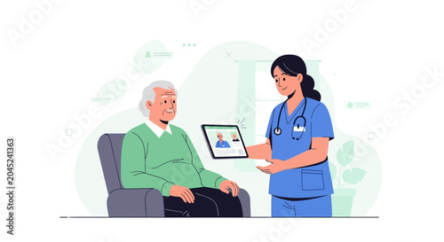 Nurse showing tablet to elderly man, telemedicine consultation, home healthcare, medical technology