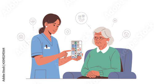 Nurse showing tablet with icons to elderly woman in armchair, healthcare and technology concept