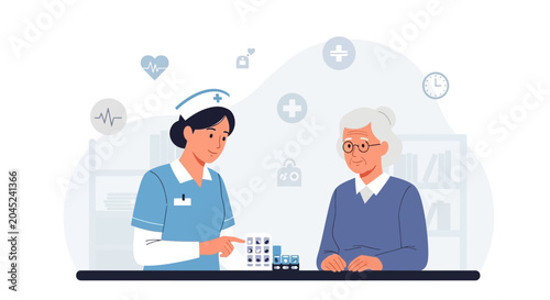 Nurse showing medication to elderly woman, healthcare concept, medical assistance, doctor visit