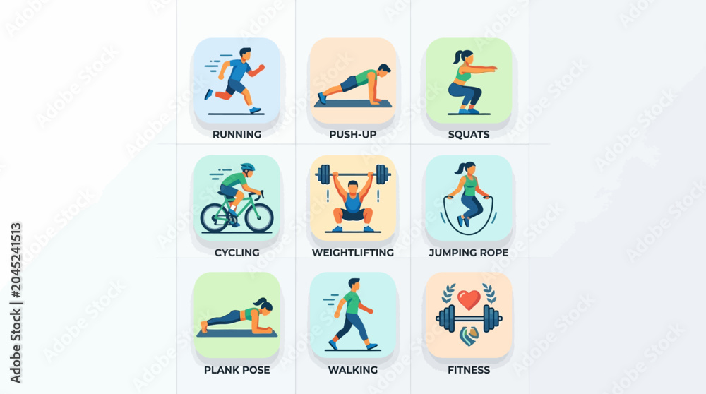 Fototapeta premium Fitness activity flat icon set: running, push up, squat, cycling, weightlifting, jumping rope, plank pose, walking, flat vector fitness icons, clean minimal style