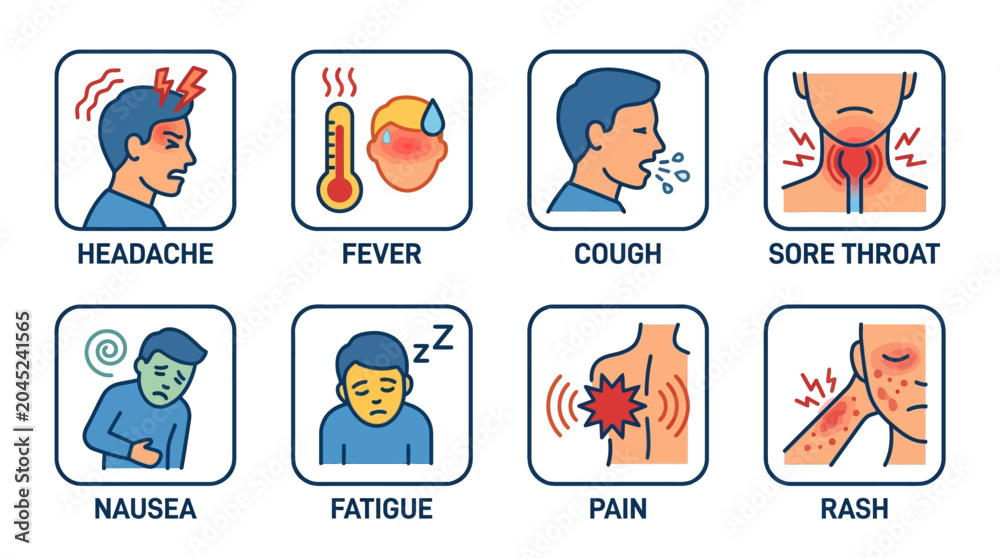 Fototapeta premium Medical symptoms flat icon set: headache, fever, cough, sore throat, nausea, fatigue, pain, rash, flat vector healthcare icons, simplified body symptom symbols
