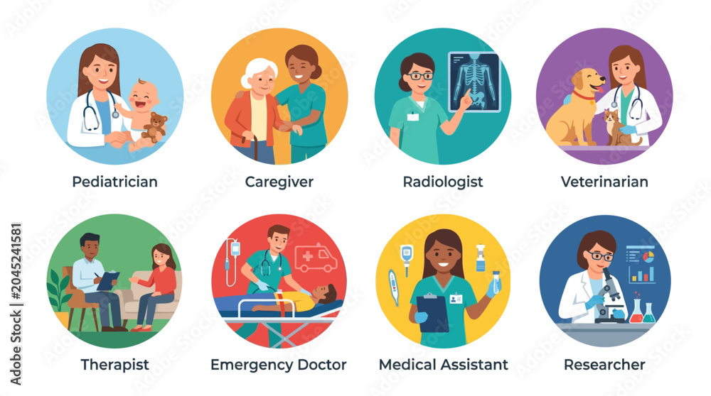 Fototapeta premium Medical worker flat icon set: pediatrician, caregiver, radiologist, therapist, emergency doctor, veterinarian, medical assistant, researcher