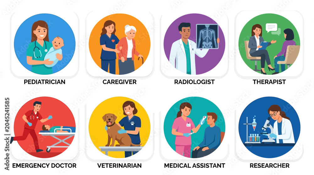 Fototapeta premium Medical worker flat icon set: pediatrician, caregiver, radiologist, therapist, emergency doctor, veterinarian, medical assistant, researcher