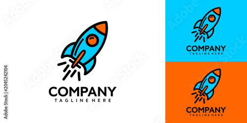 Konstfotografi A rocket logo soars upwards with company tagline on white and colored backgrounds