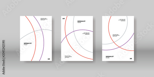 Terracotta and purple minimalist line art poster design template set with thin concentric circles and intersecting arcs on white background for creative brochure corporate layout A4