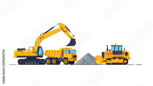 Industrial Yellow Heavy Construction Machinery Set: Crawler Excavator, Dump Truck, and Bulldozer Earthmoving Equipment Illustration on White Background